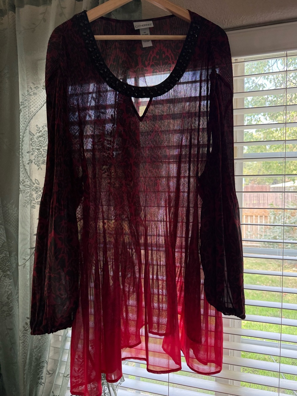 Catherines Burgundy Sheer Long-Sleeve Tunic with Beaded Neck